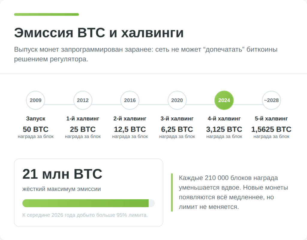 Инфографика показывает халвинги биткоина и снижение награды за блок до лимита 21 миллион BTC