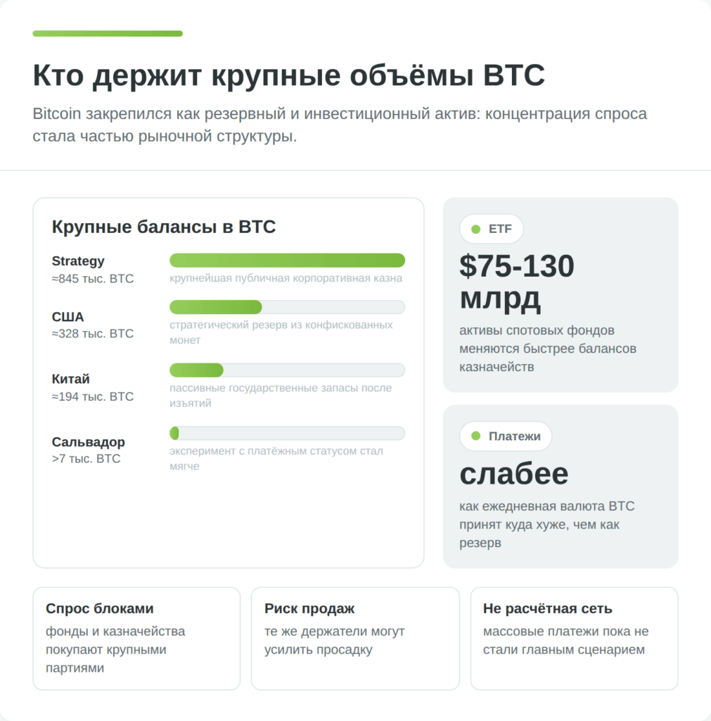 Инфографика показывает крупных держателей биткоина: Strategy, США, Китай, спотовые ETF и Сальвадор