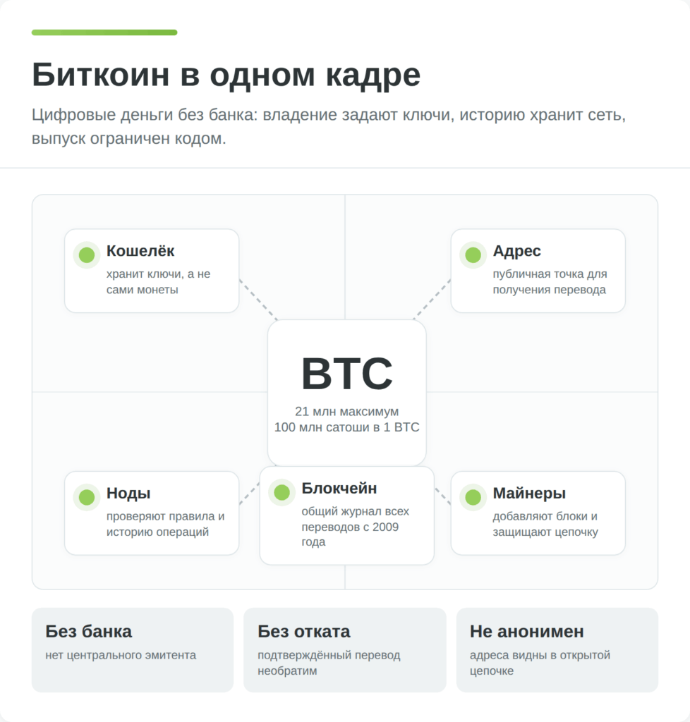 Схема объясняет что такое биткоин: кошелёк, адрес, ноды, майнеры, блокчейн и лимит 21 миллион BTC