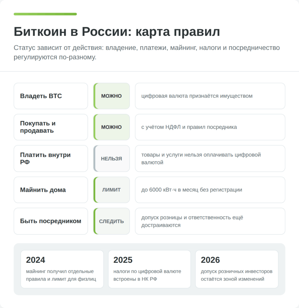 Инфографика показывает карту правил для биткоина в России: владение, продажа, платежи, майнинг и посредничество