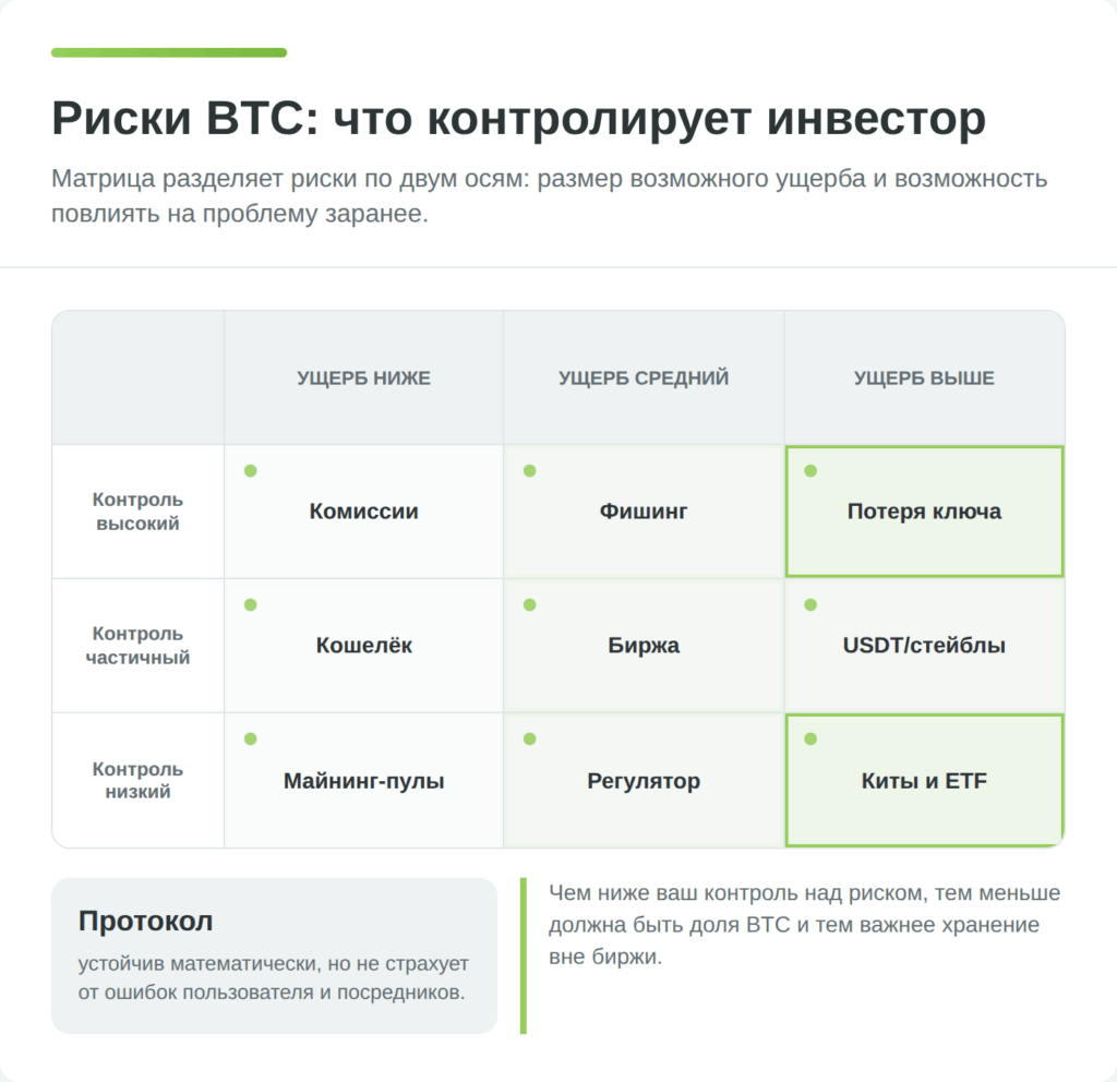 Матрица рисков биткоина по уровню ущерба и контролю со стороны инвестора