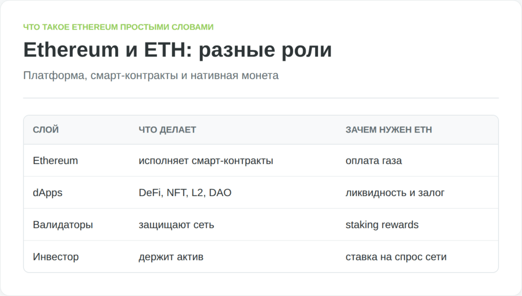 Инфографика разделяет Ethereum как платформу и ETH как актив внутри сети