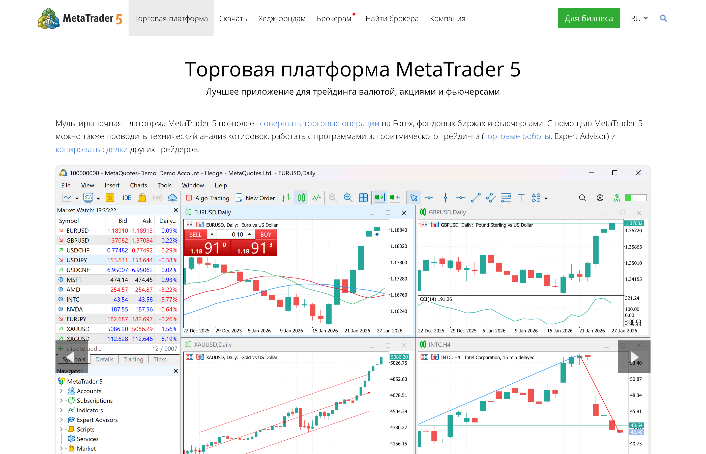 Интерфейс торговой платформы MetaTrader 5 с графиками валютных пар и демо-счётом