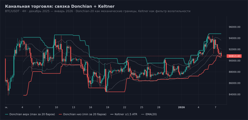 Канальная торговля Donchian-20 + Keltner на BTC/USDT 4H в декабре 2025 — январе 2026: ступенчатые границы Donchian как механический определитель диапазона, Keltner как фильтр волатильности