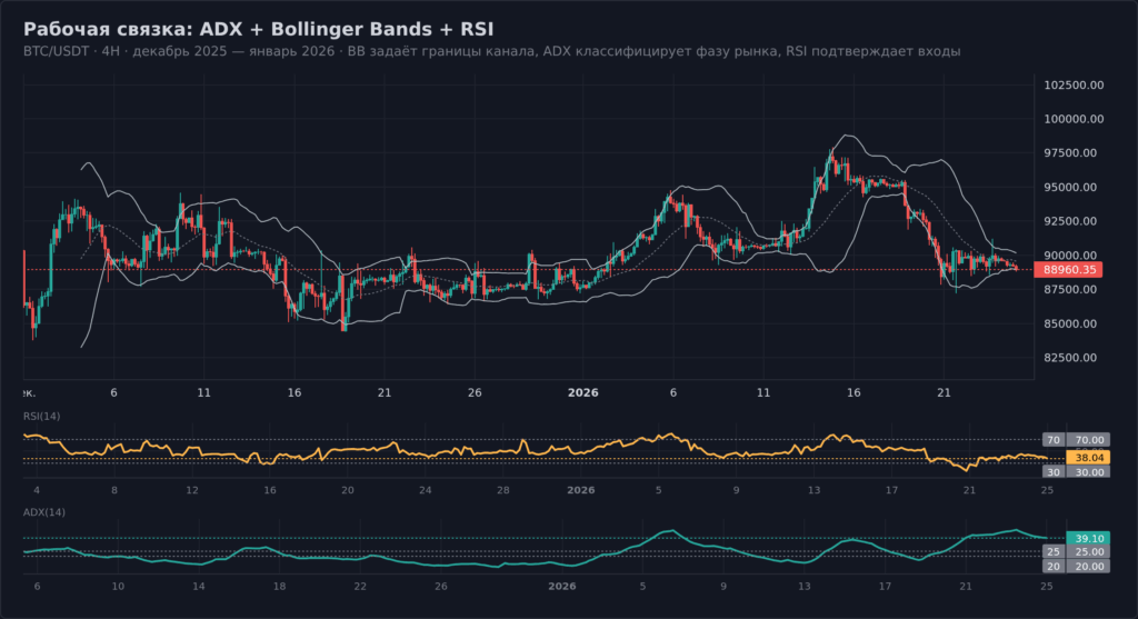 Рабочая комбинация ADX + Bollinger Bands + RSI на BTC/USDT 4H в декабре 2025 — январе 2026: BB задаёт границы, ADX классифицирует фазу, RSI подтверждает входы