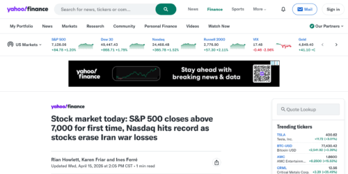 S&P 500 впервые закрылся выше 7 000 пунктов 15 апреля 2026