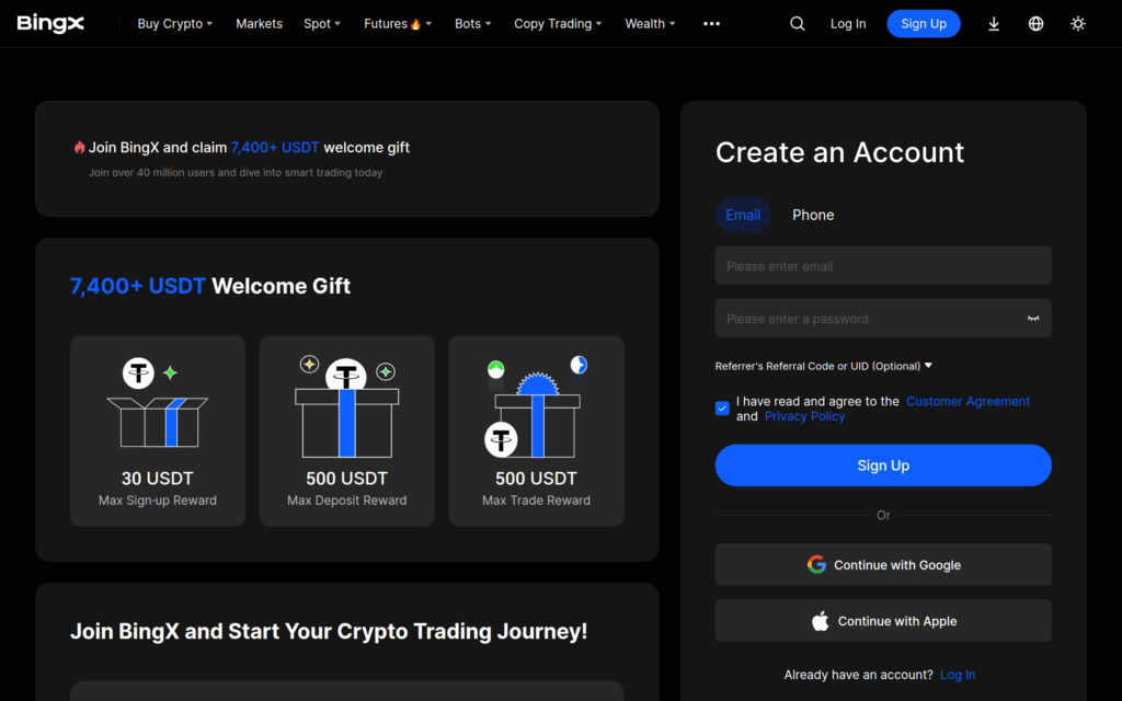 Публичная форма регистрации BingX с выбором email или телефона