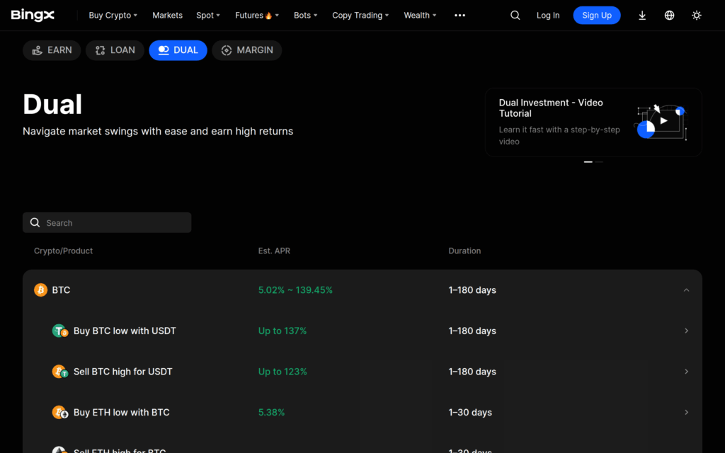 Публичная страница BingX Dual Investment с продуктами BTC и ETH, APR и сроками