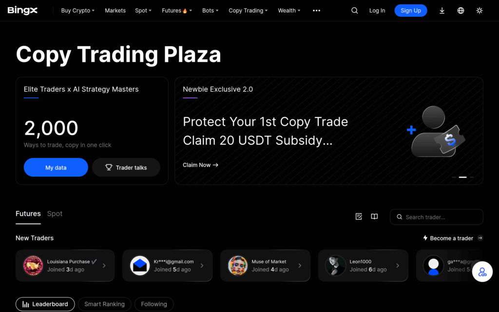 Публичная страница BingX Copy Trading Plaza с трейдерами, поиском и категориями лидеров