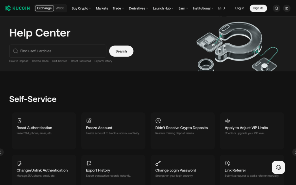 KuCoin Help Center — публичная страница помощи с разделами Self-Service