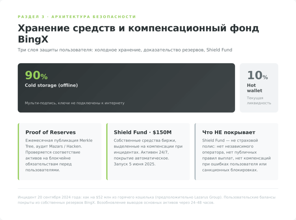 Архитектура безопасности BingX: cold storage 90%, Shield Fund 150 млн долларов