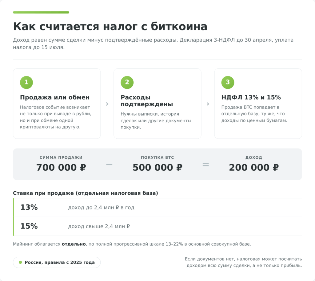Инфографика расчёта налога с продажи биткоина в России, ставка 13% и 15%, отдельная база, сроки декларации 3-НДФЛ