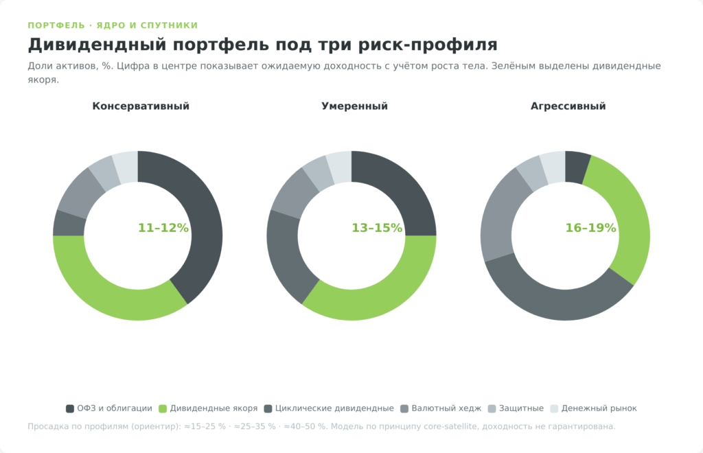 Распределение дивидендного портфеля по трём риск-профилям