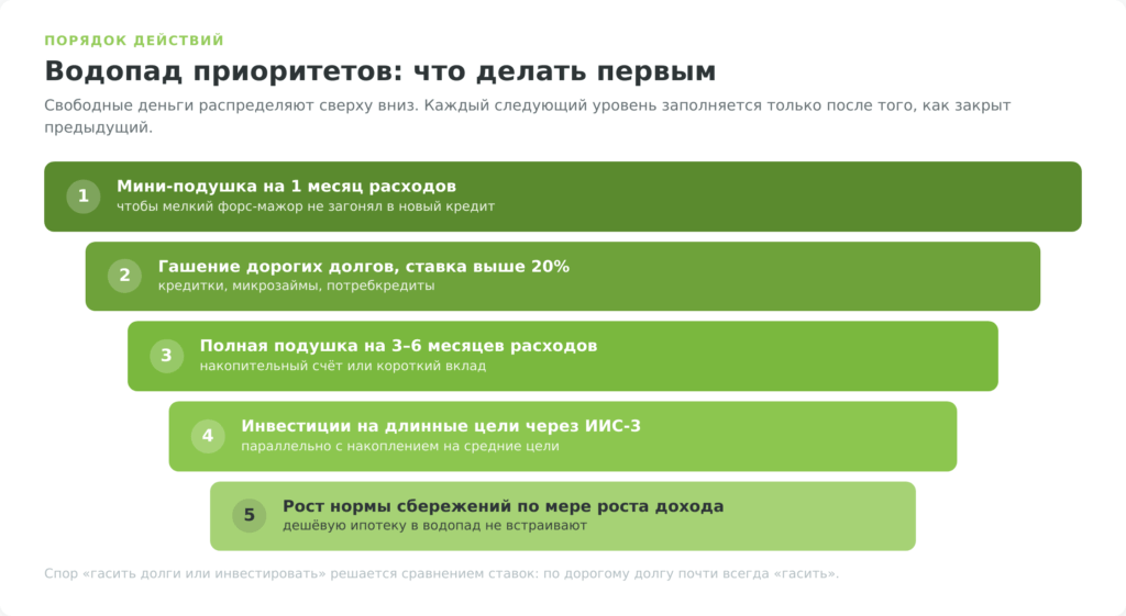 Водопад приоритетов личного финансового плана из пяти шагов