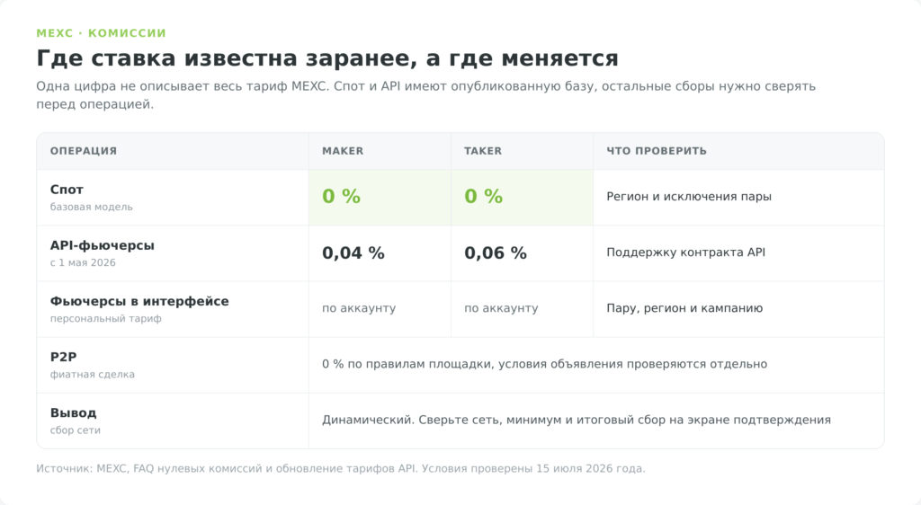 Матрица комиссий MEXC для спота, фьючерсов, P2P и вывода