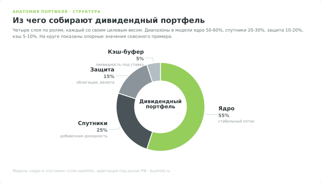 Структура дивидендного портфеля: ядро 55%, спутники 25%, защита 15%, кэш 5%