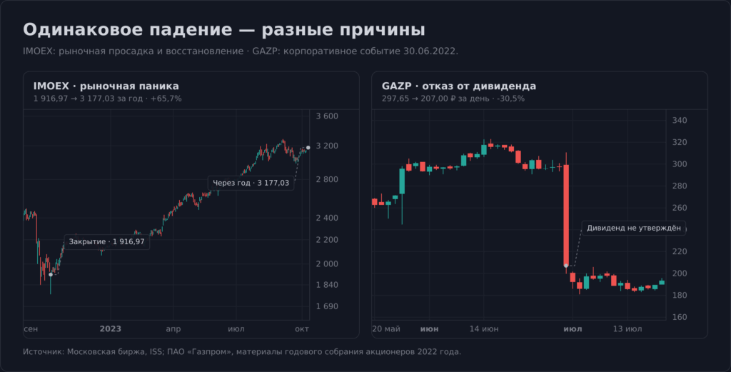 Сравнение восстановления индекса МосБиржи и падения акций Газпрома после дивидендного решения