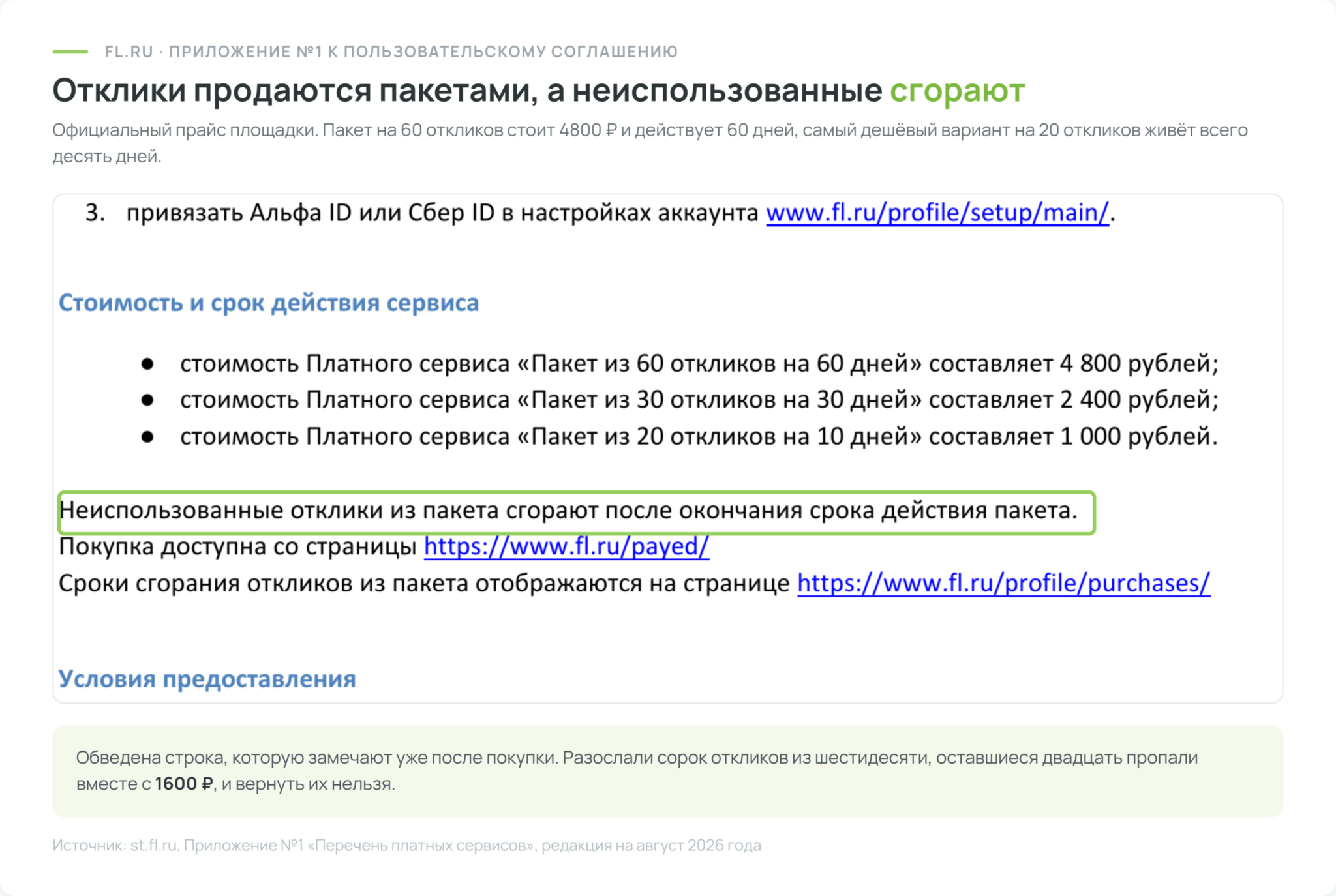 Официальный прайс FL.ru с ценами пакетов откликов для фрилансеров