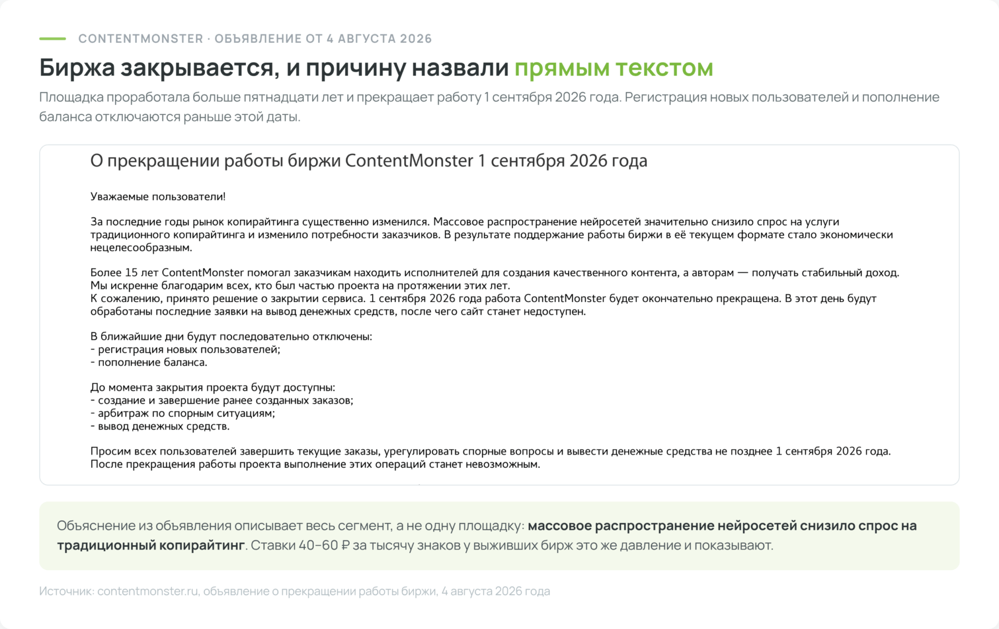 Объявление ContentMonster о прекращении работы биржи 1 сентября 2026 года