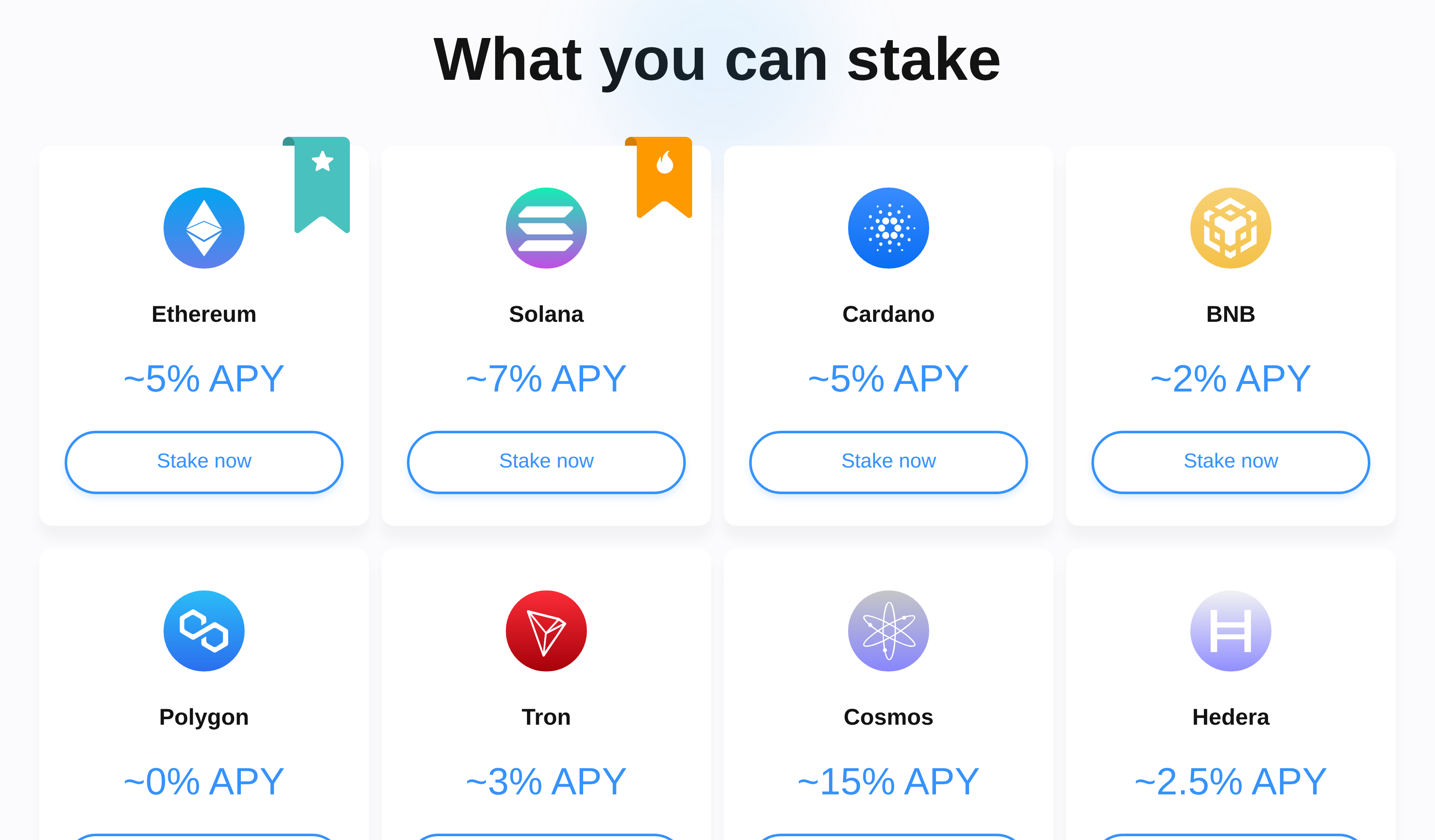 Витрина стейкинга Atomic Wallet, Ethereum около 5%, Solana около 7%, Cardano около 5%, Tron около 3%, Cosmos около 15% годовых