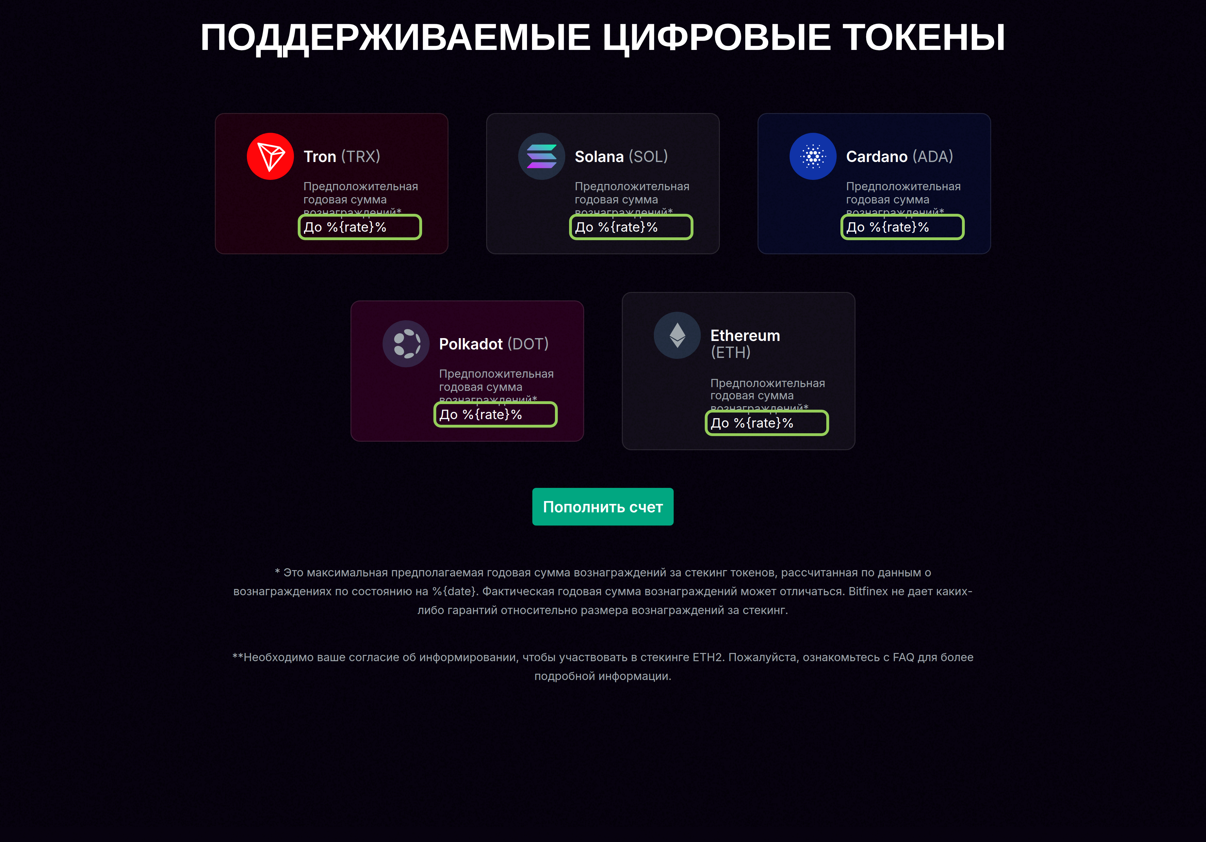 Страница стейкинга Bitfinex, вместо ставок по TRX, SOL, ADA, DOT и ETH выводится незаполненный шаблон