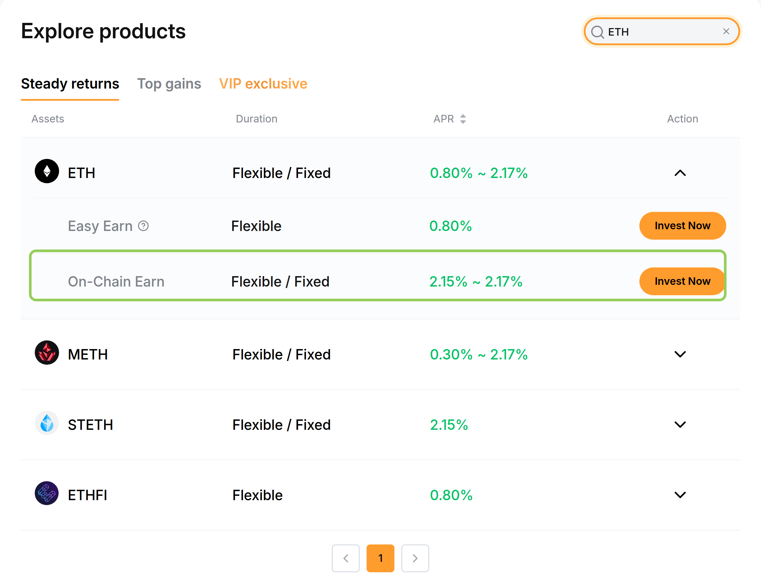 Раздел Earn на Bybit, у ETH рядом стоят сбережения Easy Earn и стейкинг сети On-Chain Earn