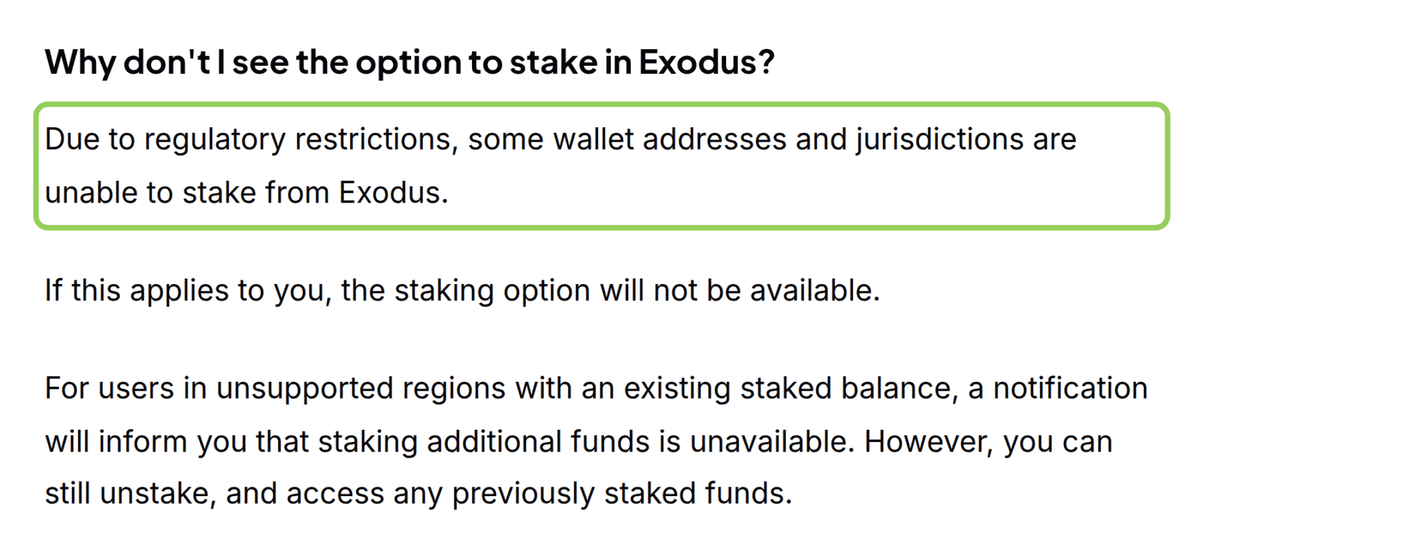 Справка Exodus о том, что из-за регуляторных ограничений стейкинг доступен не во всех юрисдикциях