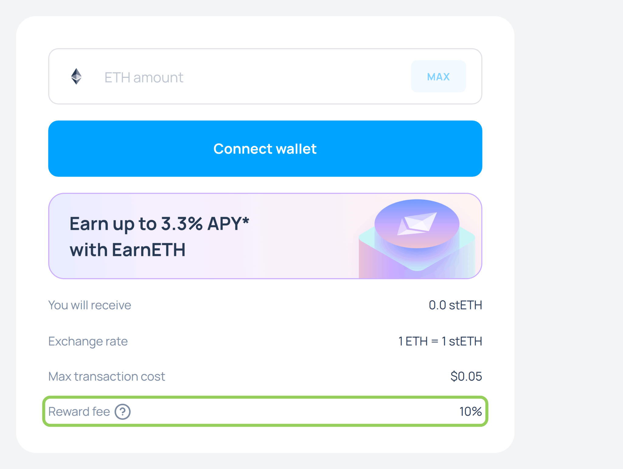 Форма стейкинга ETH на stake.lido.fi, комиссия протокола 10% от награды