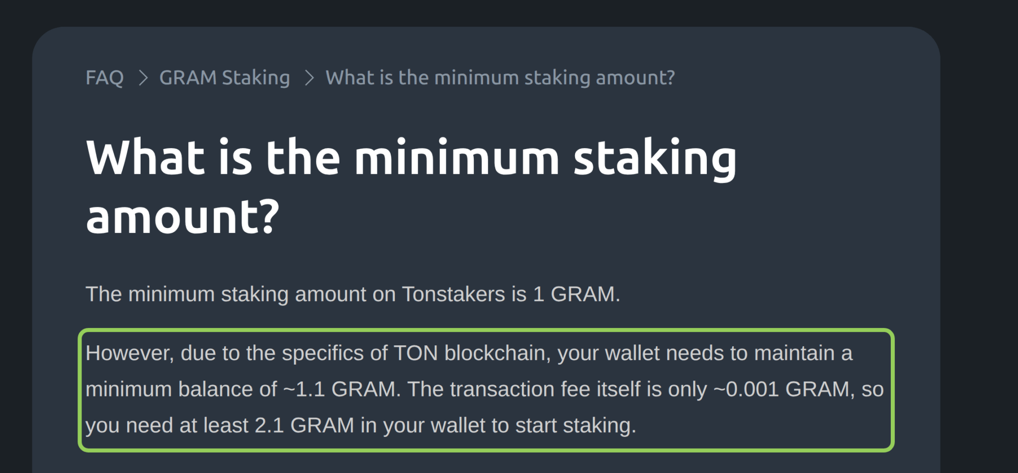FAQ Tonstakers, минимум для стейкинга 1 GRAM и не меньше 2,1 GRAM в кошельке