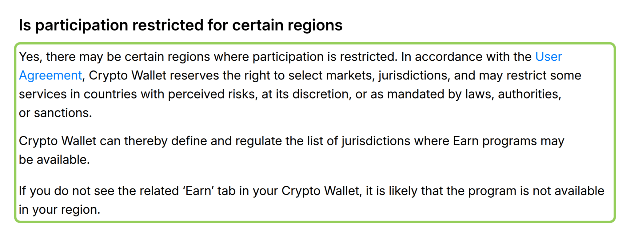 Справка Wallet в Telegram об ограничении GRAM Earn по регионам